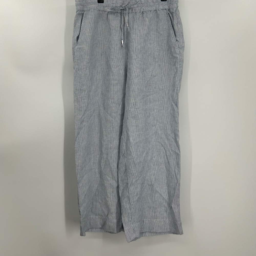 Calligraphie Womens Blue White Striped 100% Linen Wide Leg Pants Size M 799